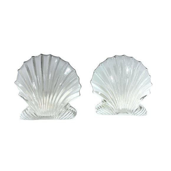Vintage Blenko Art Glass Clear Scallop Clam Shell Bookends- Set of 2 - Picture 3 of 8